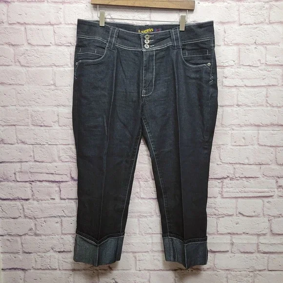 Y2K Angels Jeans Capri Cuffed Denim Womens 20 Triple Button Casual Dark Wash - Picture 1 of 9